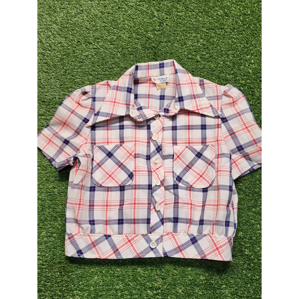 Vintage 70s College Town Plaid Cropped Shirt Dagger Collar Puff Sleeve Red Blue